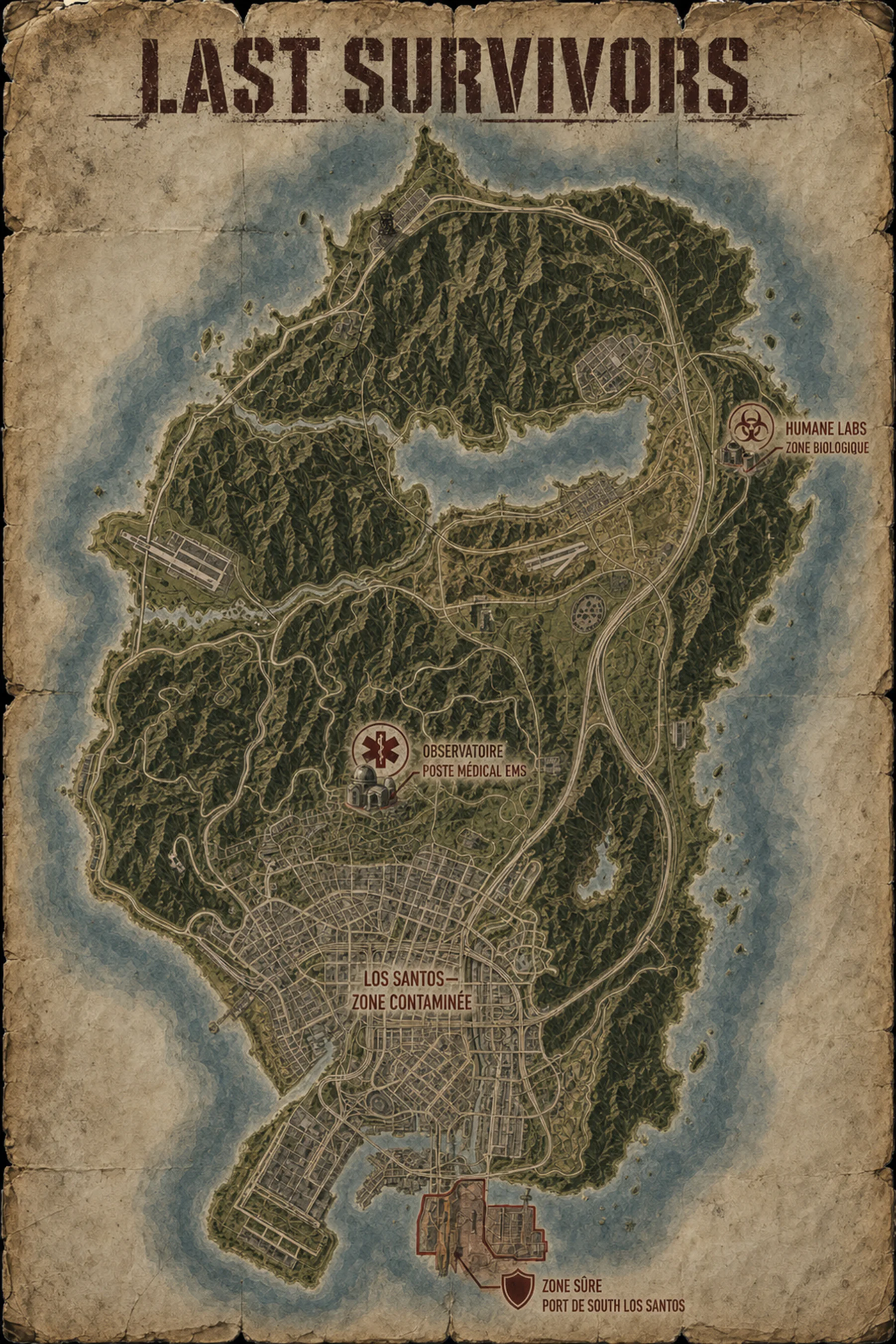 Carte officielle Last Survivors avec les zones sûres, contaminées et les principaux points d’intérêt